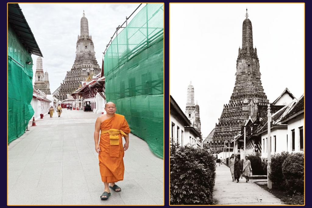 ภาพเปรียบเทียบถนนโบราณหลังพระปรางค์วัดอรุณ เมื่ออดีตกับปัจจุบัน ที่พระปรางค์วัดอรุณได้รับการบรรจุขึ้นบัญชีรายชื่อเบื้องต้นมรดกโลกของยูเนสโก